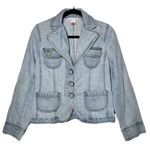 Nine West Womens Floral Embroidered Denim Blue Jean Jacket 8 Boho‎ Cottage Fall